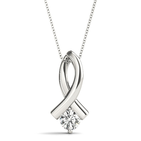 White gold crossover ribbon solitaire pendant with round-cut lab diamond, set in a modern floating design with a polished finish