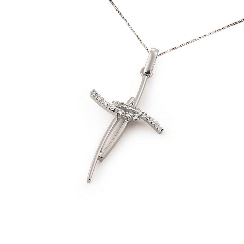 Diamond cross pendant in 18K white gold with split curved bands and round natural diamonds