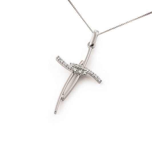 Diamond cross pendant in 18K white gold with split curved bands and round natural diamonds