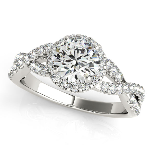 Twisted round halo engagement ring with 1CT Round Lab Diamond (VS1/F Color) and 47 pavé diamonds crafted in 14K White Gold