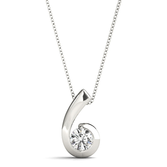 Unique white gold swirl solitaire pendant with 1/2CT lab diamond, modern curved design