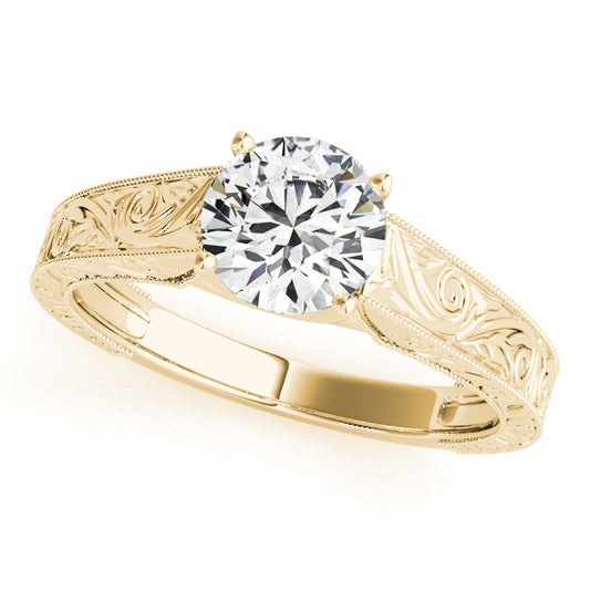 Vintage engagement ring in 14K Yellow Gold with 1CT round Lab Diamond, milgrain halo, and scroll accents