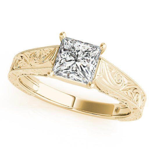 Halo engagement ring in 14K Yellow Gold with 1CT princess-cut Lab Diamond, milgrain details, and vintage scroll band