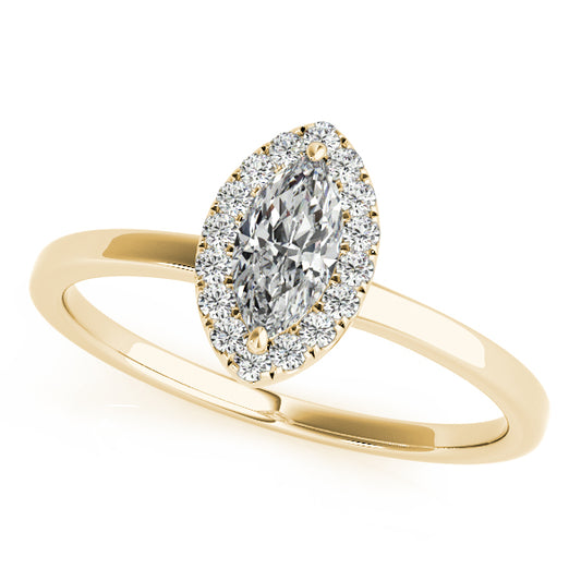Marquise-cut engagement ring in 14K Yellow Gold with 1CT Lab Diamond, 20-diamond halo, and clean prong setting