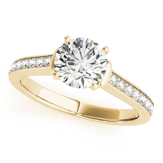 Halo engagement ring in 14K Yellow Gold with 1CT round Lab Diamond, 16 side stones, and hidden diamond gallery