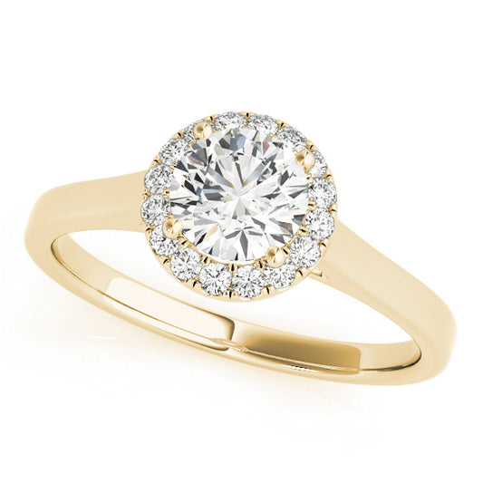 Round engagement ring in 14K Yellow Gold with 1CT Lab Diamond and tapered band with open gallery design