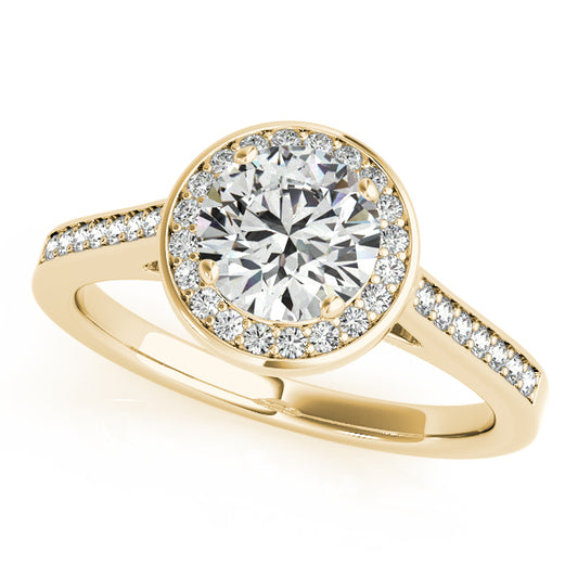 Round halo engagement ring in 14K Yellow Gold with 1CT round Lab Diamond, pavé band, and hidden accents (VS1/F color)