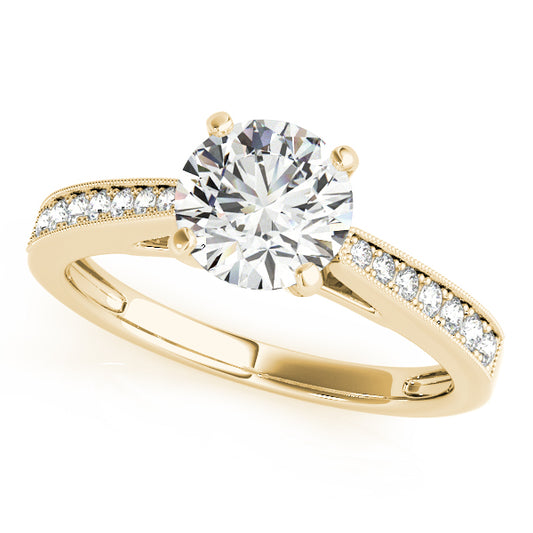 Channel-set engagement ring in 14K Yellow Gold with 1CT round Lab Diamond, 14 natural diamond side stones, and vintage milgrain edges