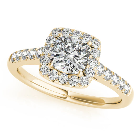 Princess-cut engagement ring in 14K Yellow Gold with 1CT Lab Diamond, halo, and split shank with 62 side stones
