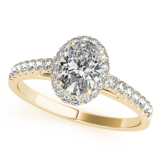 Oval-cut halo engagement ring in 14K Yellow Gold with 1CT Lab Diamond and pavé-set tapered band