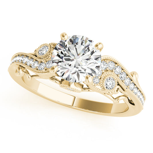 Vintage-inspired halo engagement ring in 14K Yellow Gold with 1CT round Lab Diamond, 30 side diamonds, and cathedral design