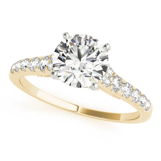 Cathedral engagement ring in 14K Yellow Gold with 1CT round Lab Diamond, 24 natural diamond side stones, and milgrain accents