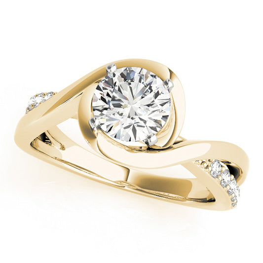 Split-shank halo engagement ring in 14K Yellow Gold with 1CT round Lab Diamond, 10 side diamonds, and infinity curves
