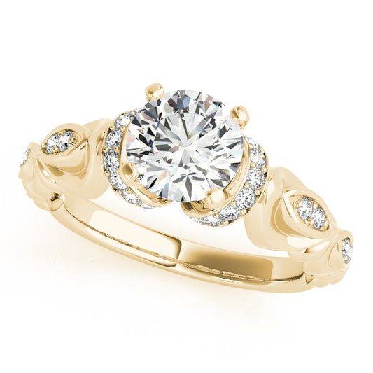 Botanical halo engagement ring in 14K Yellow Gold with 1CT round Lab Diamond and 26 natural diamond side stones