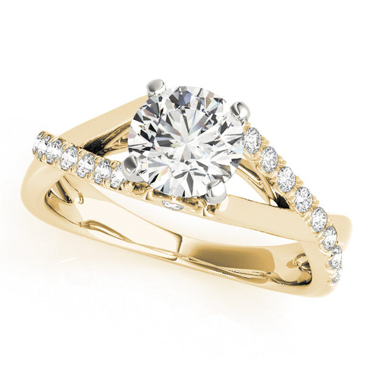 Split-shank engagement ring in 14K Yellow Gold with 1CT round Lab Diamond and 20 side diamonds in cathedral setting