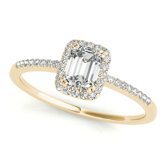 Emerald-cut engagement ring in 14K Yellow Gold with 1CT Lab Diamond, pave halo, and scalloped under-gallery