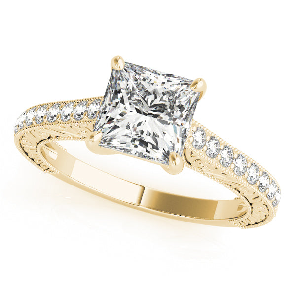 Princess-cut engagement ring in 14K Yellow Gold with 1CT Lab Diamond, 16 natural diamond side stones, trellis shank, and scroll details