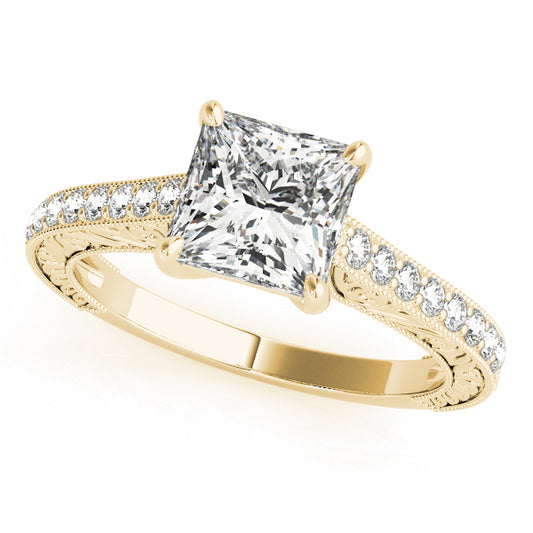 Princess-cut engagement ring in 14K Yellow Gold with 1CT Lab Diamond, 16 natural diamond side stones, trellis shank, and scroll details