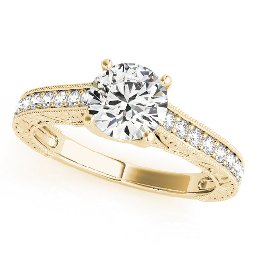 Vintage engagement ring in 14K Yellow Gold with 1CT round Lab Diamond, 16 natural diamond side stones, and scrollwork band