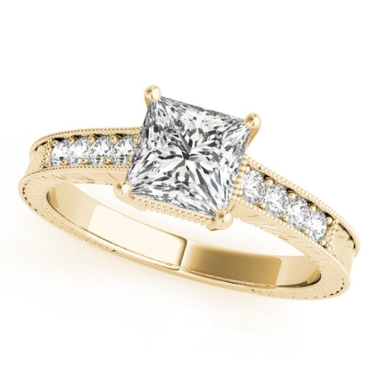 Channel-set engagement ring in 14K Yellow Gold with 1CT princess-cut Lab Diamond, side stones, and halo accents