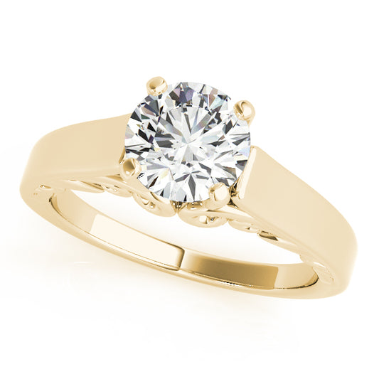 Cathedral engagement ring in 14K Yellow Gold with 1CT round Lab Diamond and scrollwork gallery