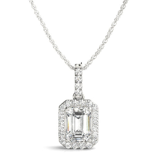 Elegant Emerald Halo Diamond Necklace in White Gold