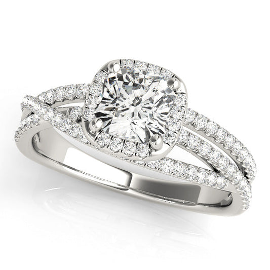 Eye-Catching Elegance: Cushion Cut Halo with Crossover Split Shank