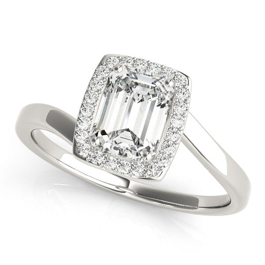 Emerald Cut Halo Diamond Engagement Ring with Bypass Design in White Gold