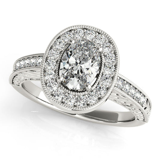 Vintage-Inspired Oval Cut Halo Engagement Ring with Filigree Design