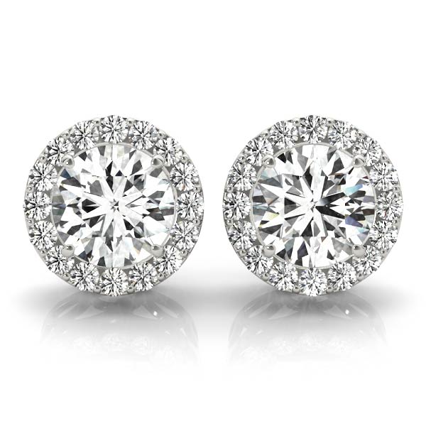 0.67CT lab diamond halo earrings in white gold with round center stones and halo setting, Encore DT
