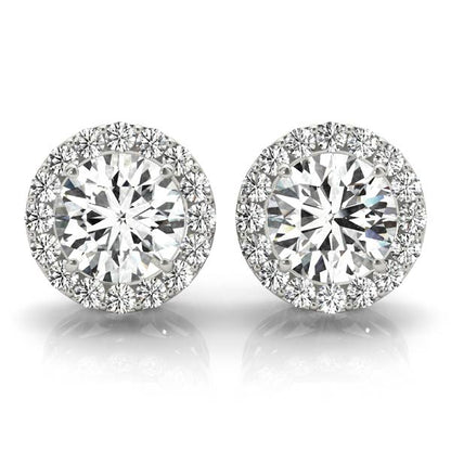 0.67CT lab diamond halo earrings in white gold with round center stones and halo setting, Encore DT
