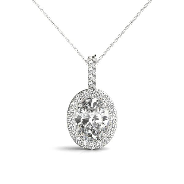 1.5CT oval lab diamond halo pendant in white gold with a 1.25CT center stone and diamond halo