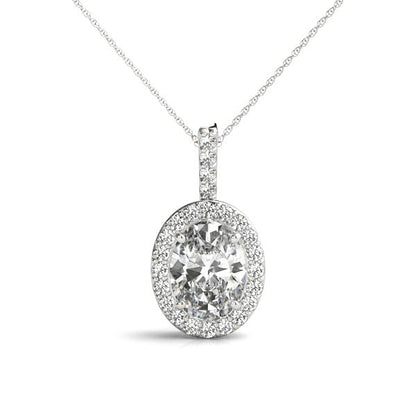 1.5CT oval lab diamond halo pendant in white gold with a 1.25CT center stone and diamond halo
