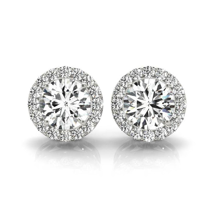 1.85CT lab diamond halo stud earrings in white gold with 0.87CT round centers – Encore DT
