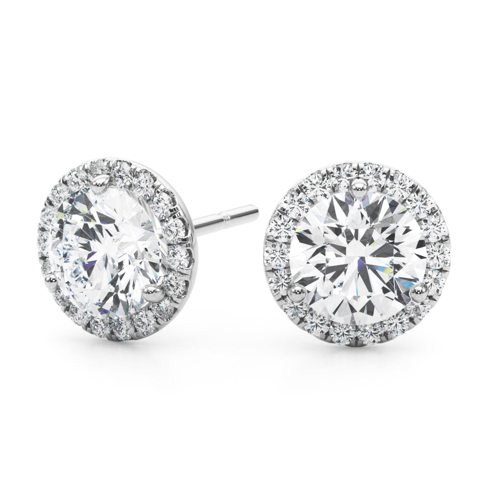 1.22CT lab diamond halo stud earrings in white gold with round center and halo stones

