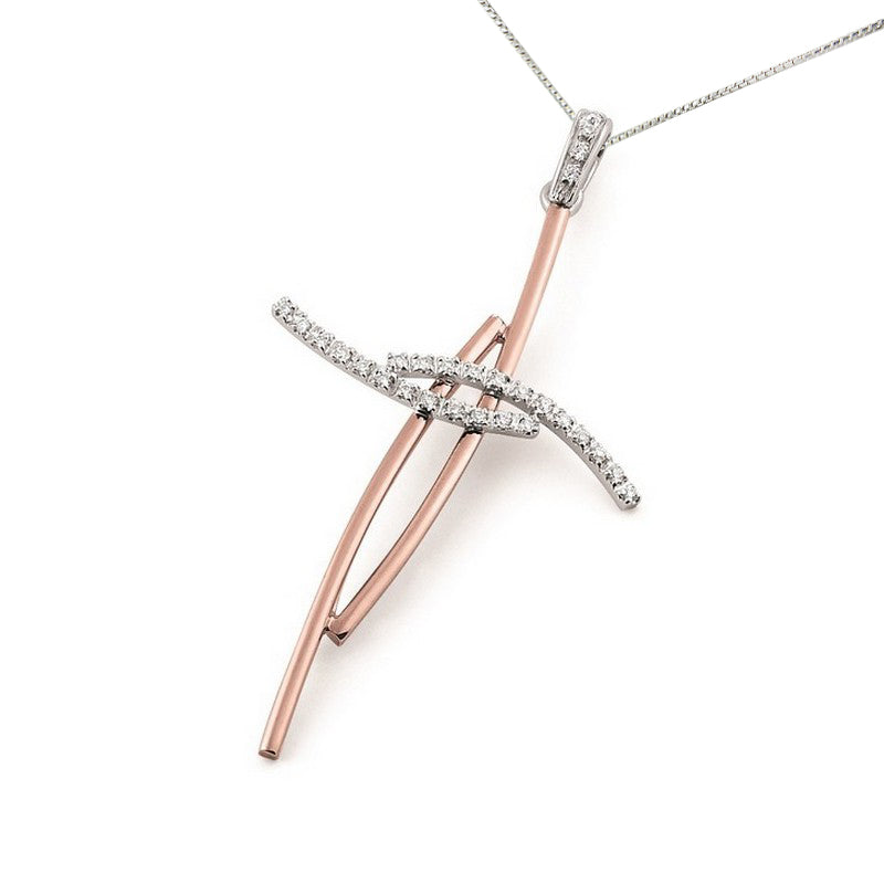 18K two tone gold cross pendant with a split-band design, featuring natural SI1 diamonds in white and rose gold, suspended from a 16-inch chain
