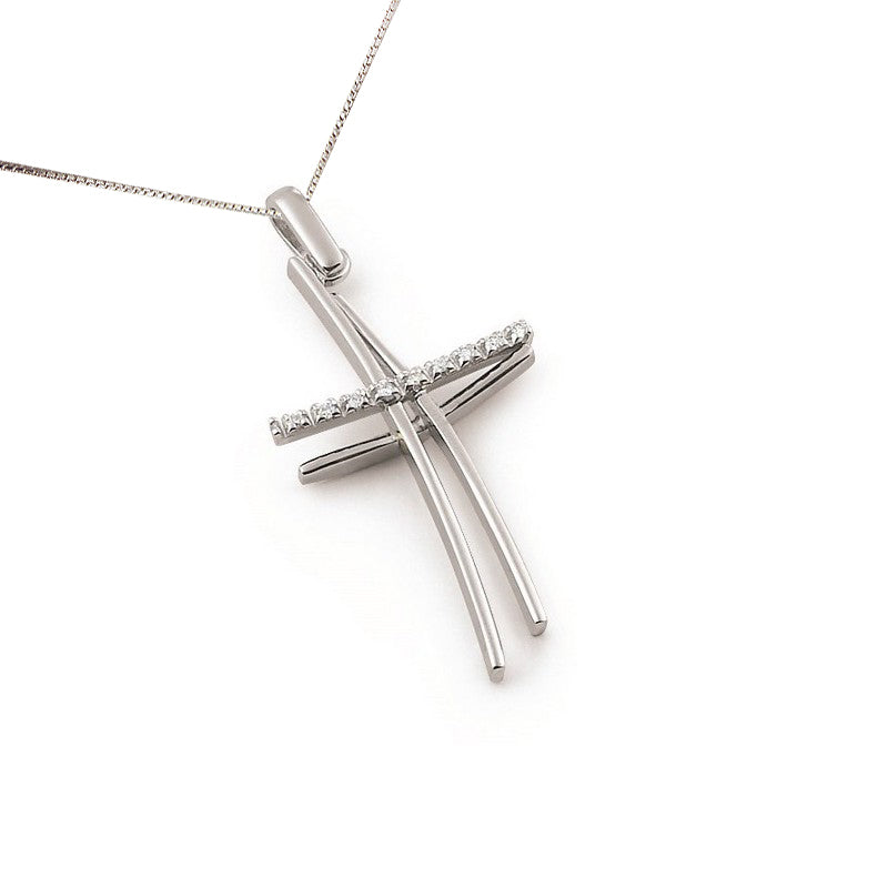 18K white gold double cross necklace with SI1 diamonds in a layered design, featuring interwoven bands and a modern style

