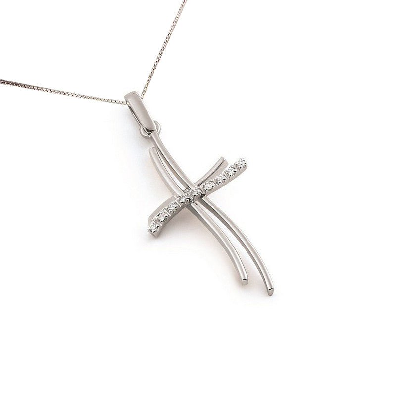18K white gold double-cross necklace with SI1 diamonds, featuring a split-band design and prong-set stones, suspended on a 16 inch chain
