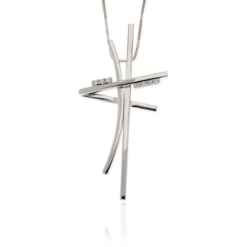 Italian 18K white gold modern cross necklace with SI1 diamonds, featuring a layered geometric design with intersecting bars
