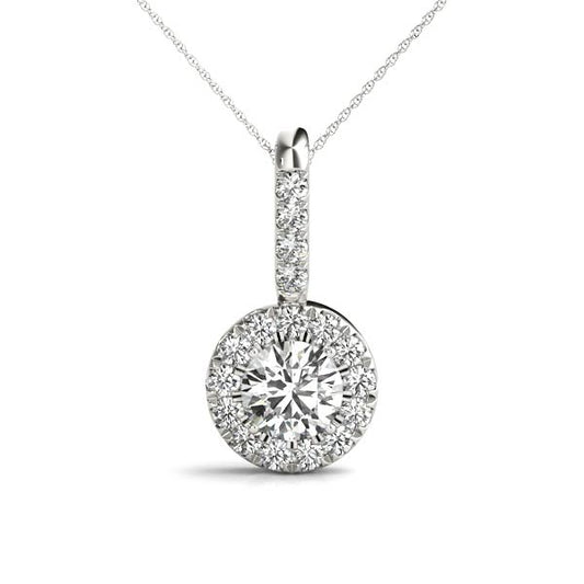 1CT lab diamond halo drop pendant in white gold with round-cut center stone and diamond halo.