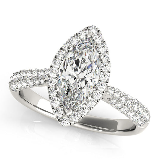 Marquise-cut engagement ring with 1CT Marquise Cut Lab Diamond, split-shank pavé band and halo crafted in 14K White Gold