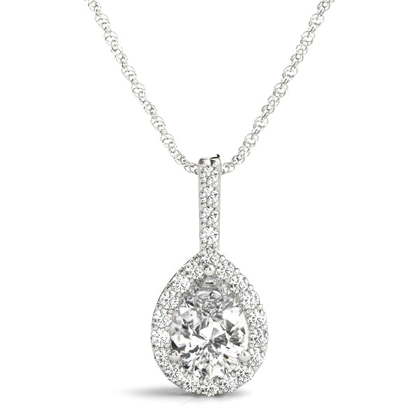 1CT pear-shaped lab diamond halo pendant in white gold with 0.80CT VS1, E color center stone and shimmering diamond halo