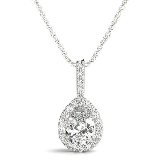 1CT pear-shaped lab diamond halo pendant in white gold with 0.80CT VS1, E color center stone and shimmering diamond halo
