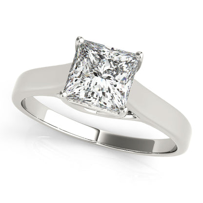 Solitaire engagement ring with 1CT Princess Cut Lab Diamond, trellis setting and subtle halo side accents crafted in 14K White Gold