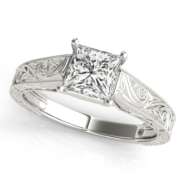 Halo engagement ring with 1CT Princess Cut Lab Diamond, vintage-style scroll band and milgrain edges crafted in 14K White Gold