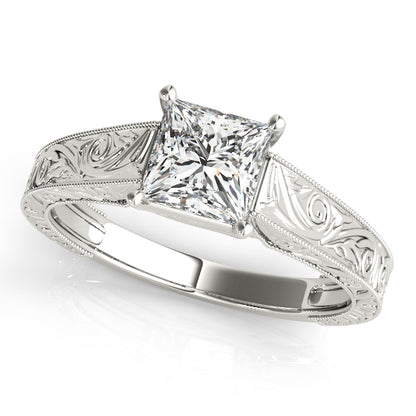 Halo engagement ring with 1CT Princess Cut Lab Diamond, vintage-style scroll band and milgrain edges crafted in 14K White Gold