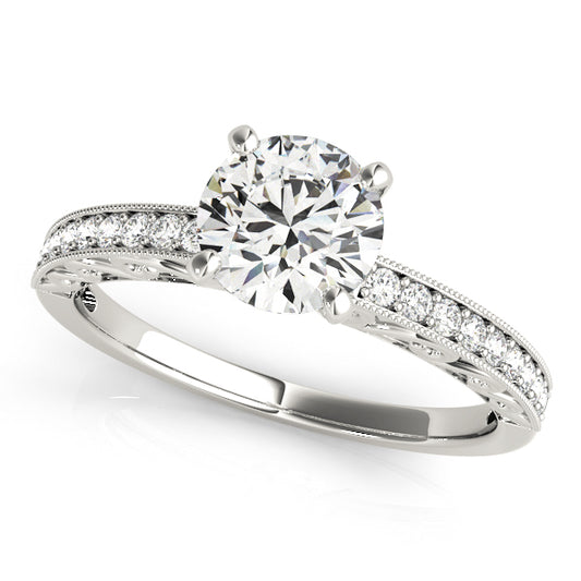 Halo engagement ring with 1CT Round Lab Diamond, 18 side diamonds, channel-set band and scroll gallery crafted in 14K White Gold