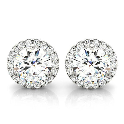 2.22CT lab diamond halo stud earrings in white gold with round center stones and sparkling halo
