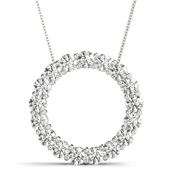 2CT lab diamond circle pendant necklace in white gold with round-cut diamonds, prong-set in a seamless eternity design