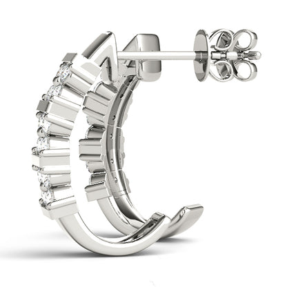 Front-Set 10K White Gold J-Hoop Diamond Cluster Earrings